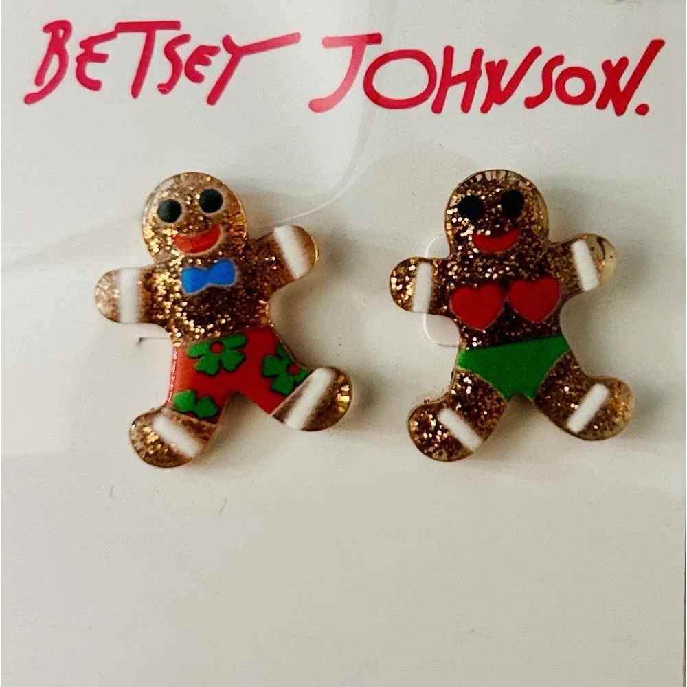 Betsey Johnson Gingerbread Earrings Holiday Glitter Beach Gingerbread Man Studs